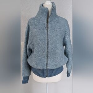 NWT Teal blue fuzzy zippered high neck cardigan.